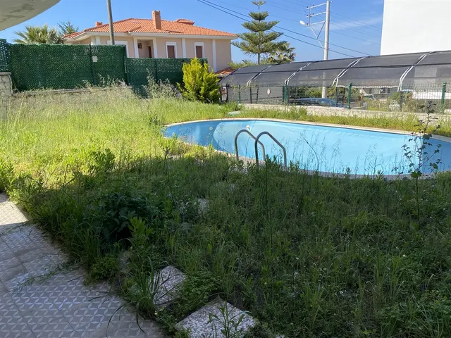 Aksoy Villası bahçesindeki eski havuz ve otlarla kaplı peyzaj alanı